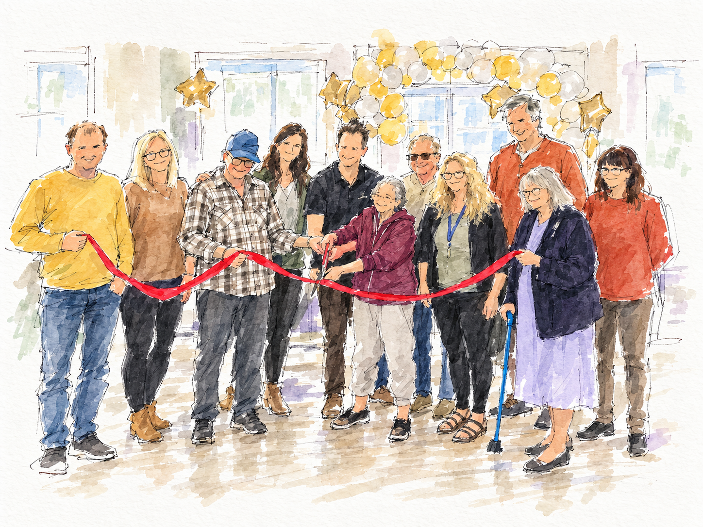 Watercolor-style illustration of people gathered at the LABIS ribbon-cutting celebration